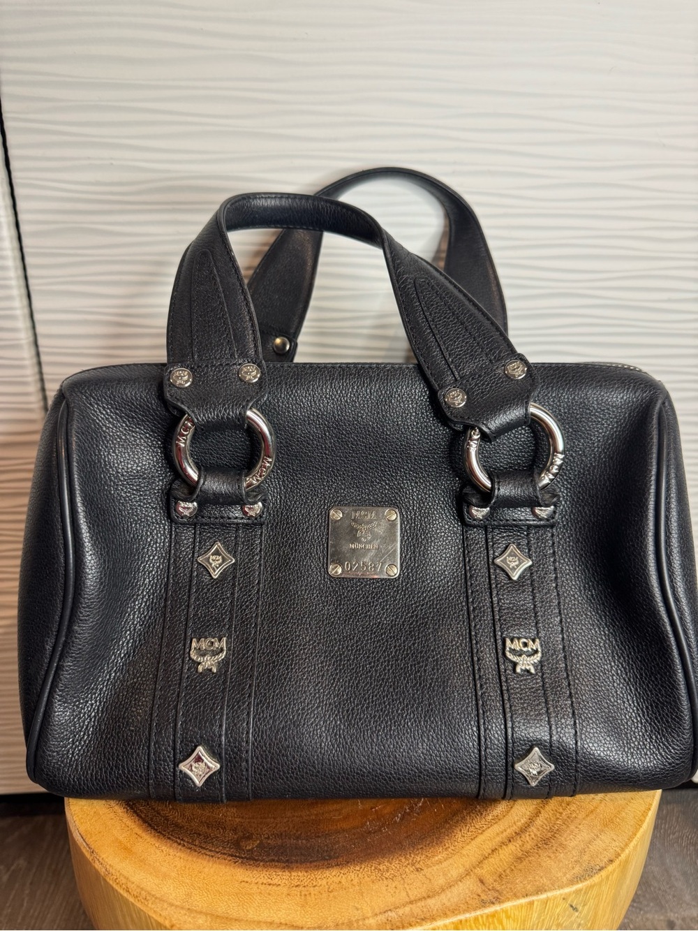 MCM Black Pebbled Leather Double-Handle Satchel with Silver Hardware